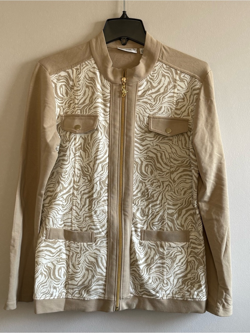 Elegant Beige & Cream Zebra-Print Zip Blazer Jacket Women size S